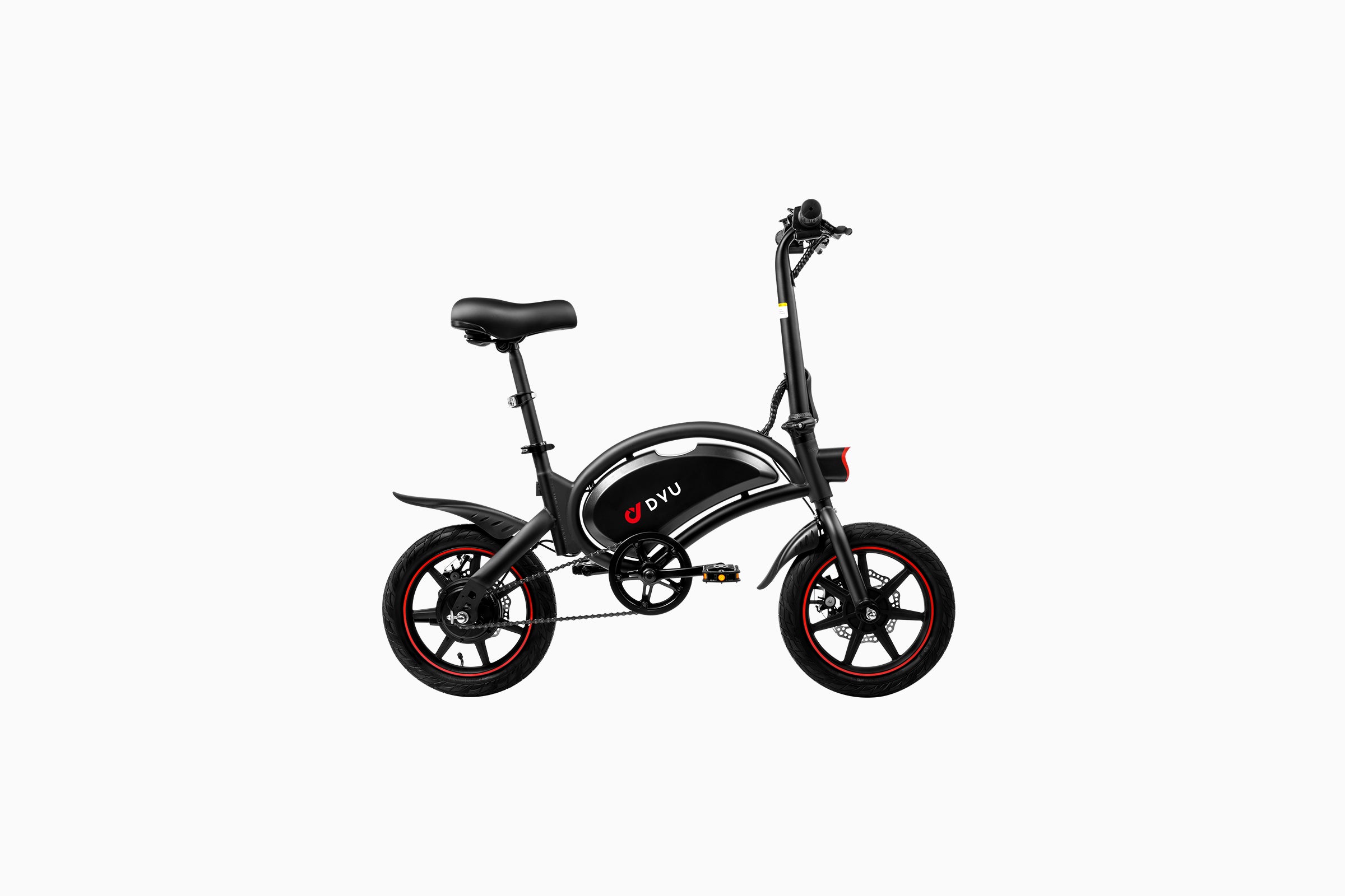 DYU D3F compact electric bike in sleek black for urban commuting. DYU D3F compact electric bike in sleek black for urban commuting.