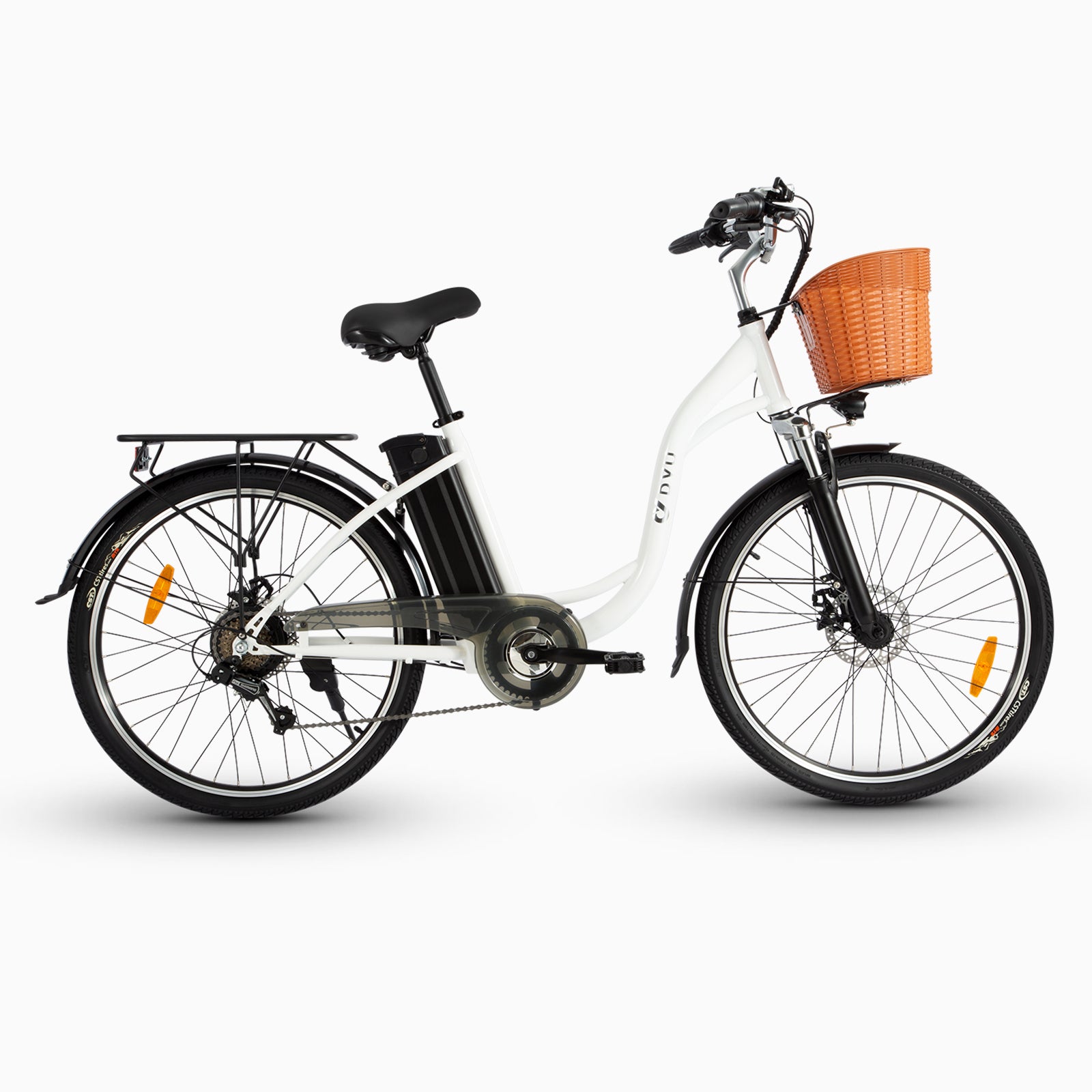 Bicicletta elettrica DYU C6 bianca con cesto e batteria per comodità urbana Bicicletta elettrica DYU C6 bianca con cesto e batteria per comodità urbana