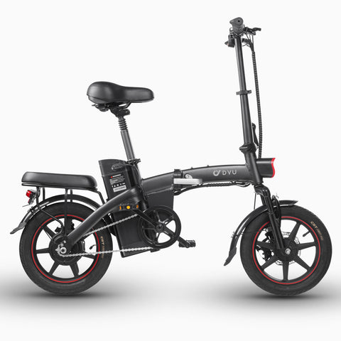 Bicicletta elettrica pieghevole nera DYU C6 con sella e manubrio regolabili. Bicicletta elettrica pieghevole nera DYU C6 con sella e manubrio regolabili.
