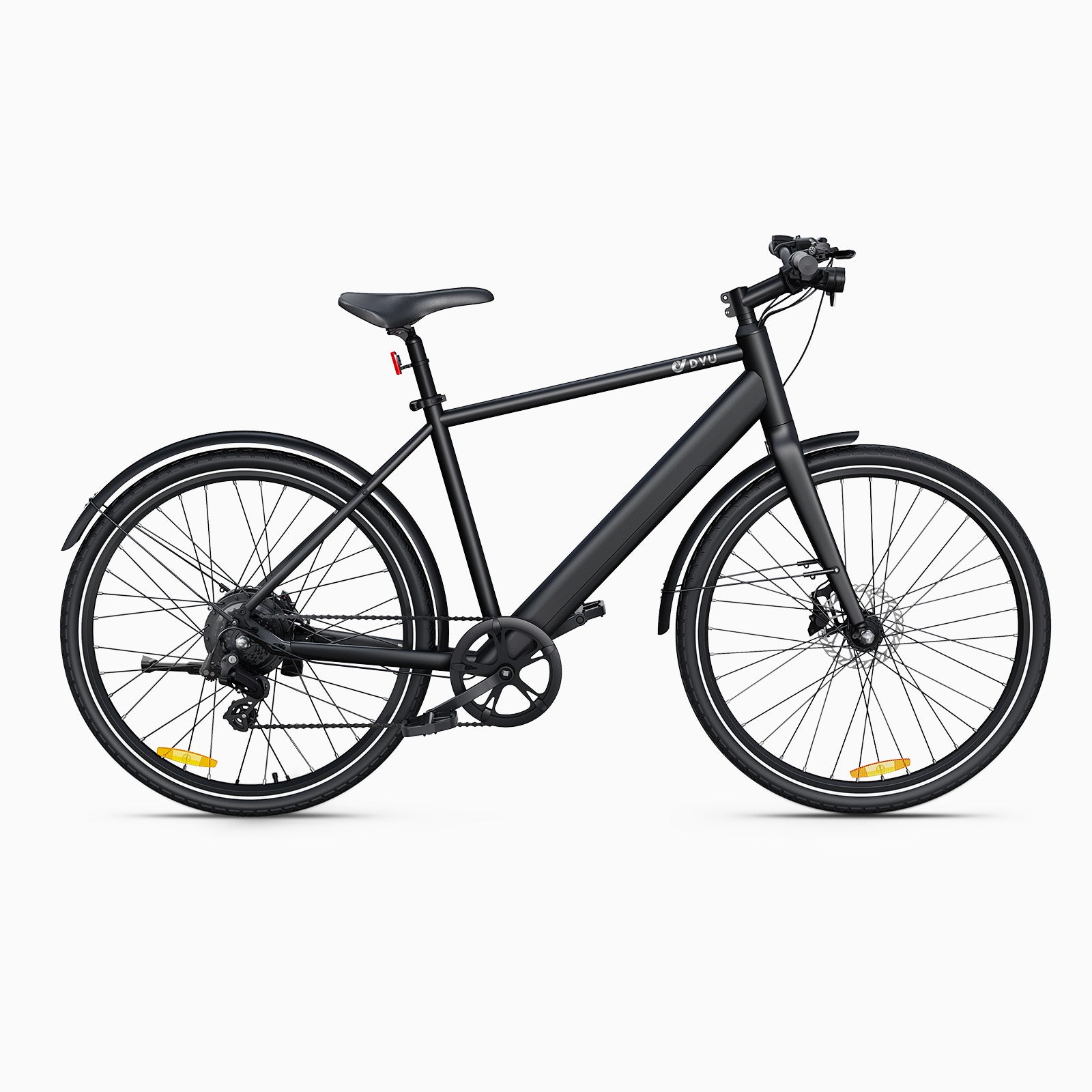 Bicicletta elettrica DYU Stroll 1 700C nera opaca con telaio elegante e design moderno. Bicicletta elettrica DYU Stroll 1 700C nera opaca con telaio elegante e design moderno.