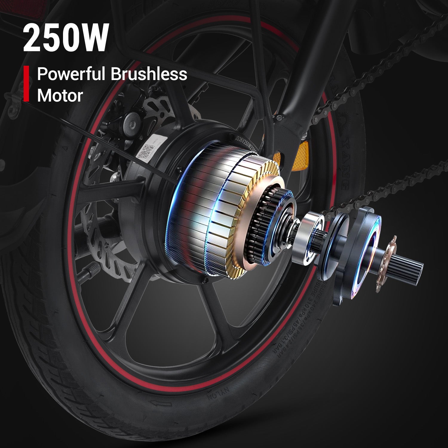 Motore brushless da 250W del DYU D3F, evidenziando ruote rosse Motore brushless da 250W del DYU D3F, evidenziando ruote rosse