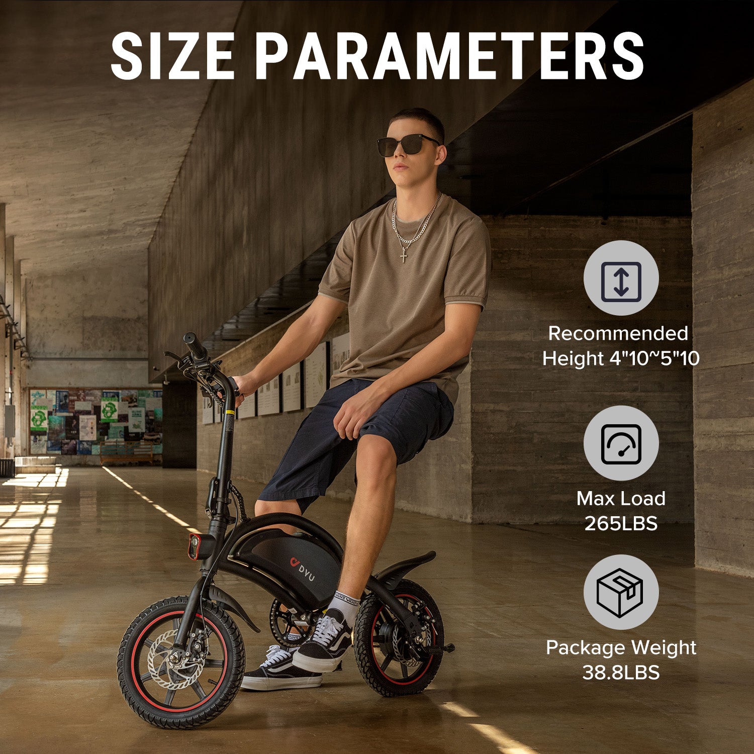 DYU D3F electric bike with size parameters displayed; modern interior setting DYU D3F electric bike with size parameters displayed; modern interior setting