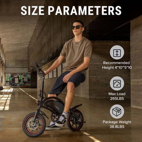 DYU D3F electric bike with size parameters displayed; modern interior setting DYU D3F electric bike with size parameters displayed; modern interior setting