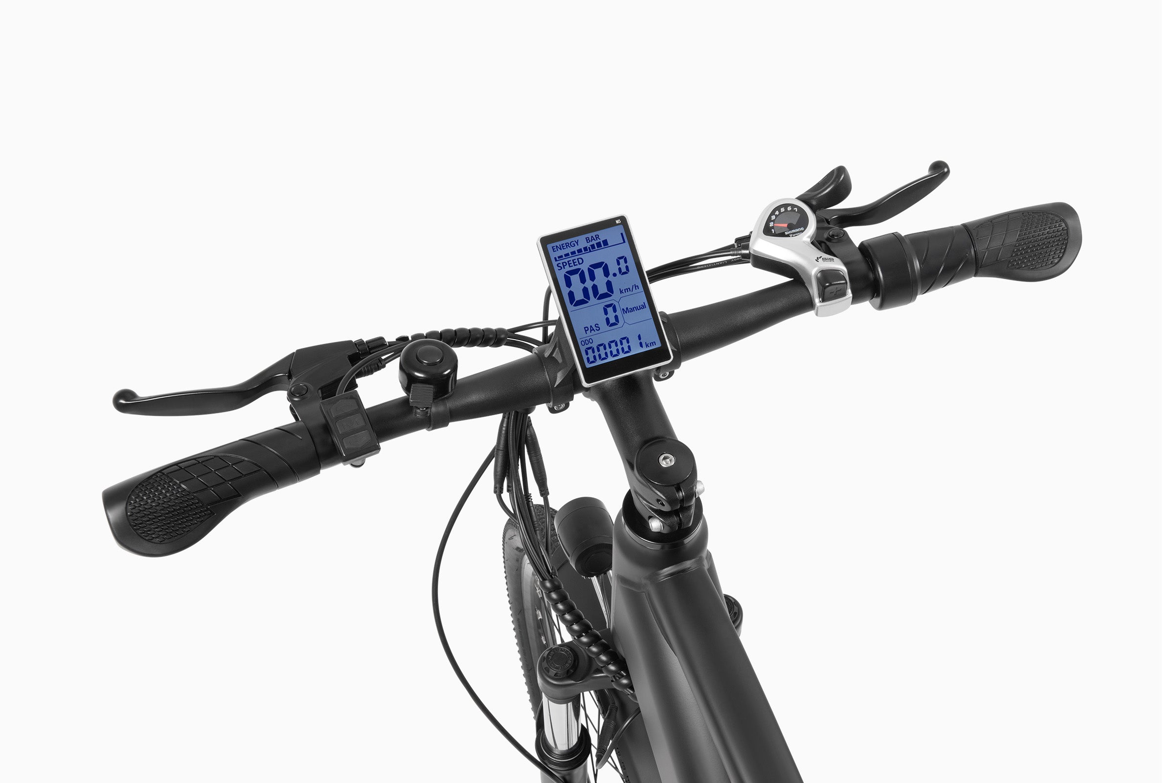 Manubrio della DYU C5 con display LCD e controlli per bicicletta elettrica. Manubrio della DYU C5 con display LCD e controlli per bicicletta elettrica.
