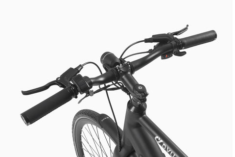 Manubrio della bicicletta elettrica DYU Stroll 1 con leve dei freni e manopole nere. Manubrio della bicicletta elettrica DYU Stroll 1 con leve dei freni e manopole nere.