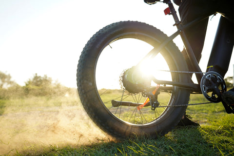 Ruota della bicicletta elettrica DYU King 750 sollevando polvere su un sentiero. Ruota della bicicletta elettrica DYU King 750 sollevando polvere su un sentiero.