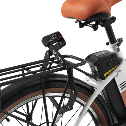 Blocco combinato DYU nero con codice a tre cifre su portapacchi bici elettrica Blocco combinato DYU nero con codice a tre cifre su portapacchi bici elettrica