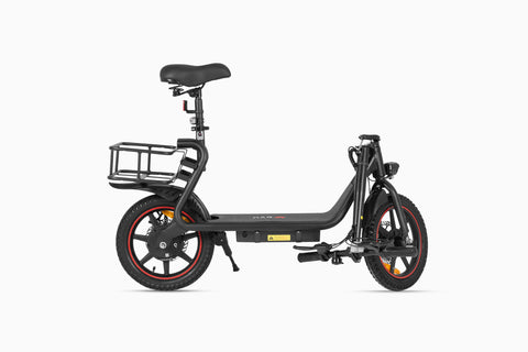 DYU C4 14 inch foldable e-bike in black with stylish design and rear basket for commuting. DYU C4 14 inch foldable e-bike in black with stylish design and rear basket for commuting.