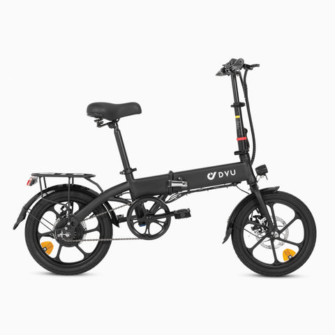 Bici elettrica DYU A1F pieghevole nera con ruote da 16 pollici e freni a disco. Bici elettrica DYU A1F pieghevole nera con ruote da 16 pollici e freni a disco.