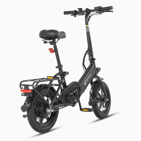 Bicicletta elettrica pieghevole DYU C3 nera, design compatto per trasporto urbano. Bicicletta elettrica pieghevole DYU C3 nera, design compatto per trasporto urbano.