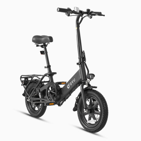 Bicicletta elettrica pieghevole DYU C3 nera per trasporti urbani, design compatto e robusto. Bicicletta elettrica pieghevole DYU C3 nera per trasporti urbani, design compatto e robusto.