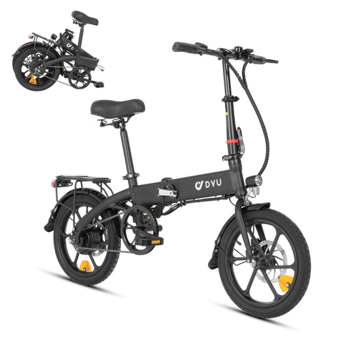 Bici elettrica DYU A1F pieghevole nera con supporto per il trasporto. Bici elettrica DYU A1F pieghevole nera con supporto per il trasporto.