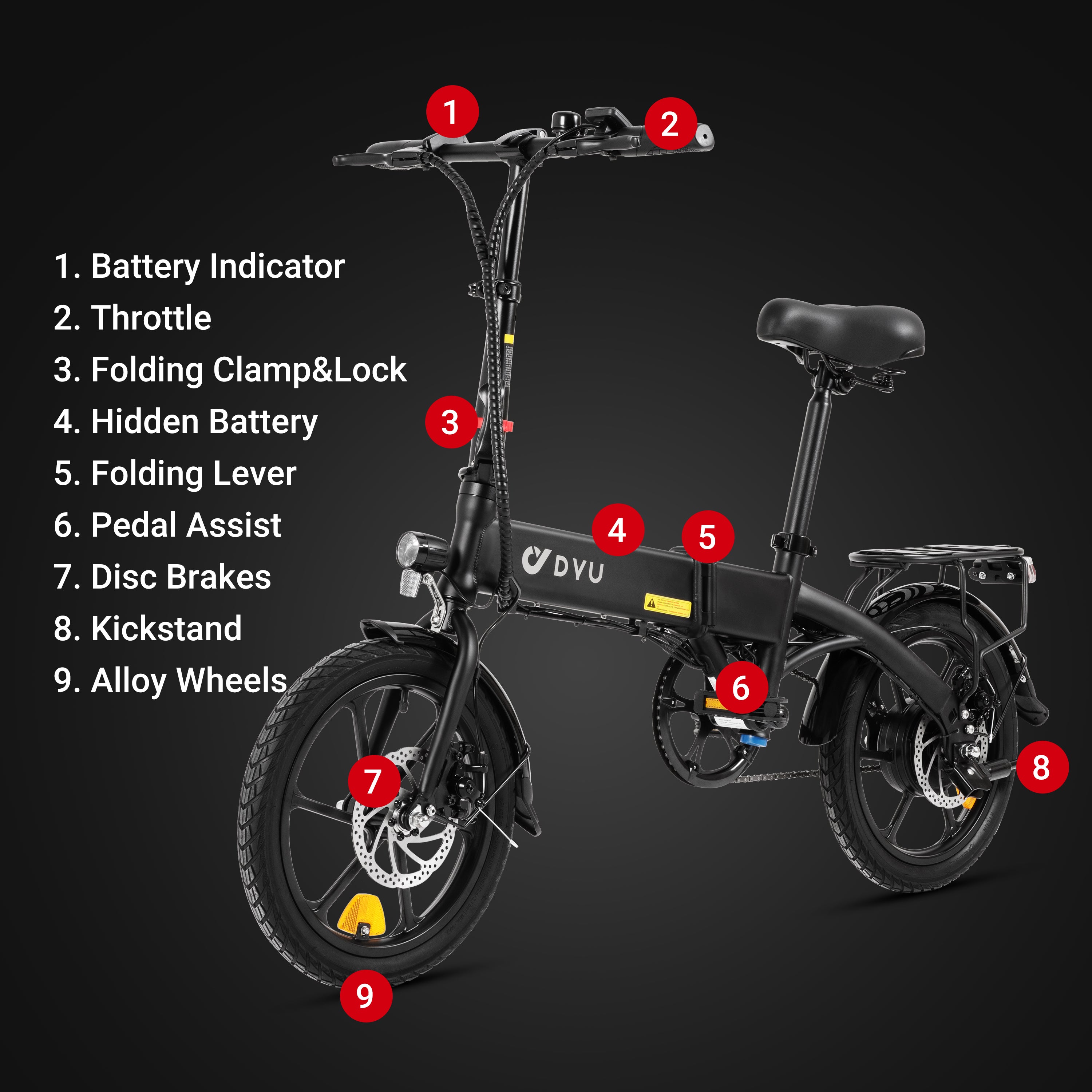 Bici elettrica DYU A1F nera con dettagli, come freni a disco e indicatori. Bici elettrica DYU A1F nera con dettagli, come freni a disco e indicatori.