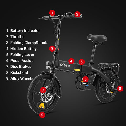 Bici elettrica DYU A1F nera con dettagli, come freni a disco e indicatori. Bici elettrica DYU A1F nera con dettagli, come freni a disco e indicatori.