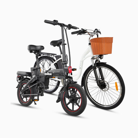 Bicicletta elettrica pieghevole DYU e bicicletta da città con cesto Bicicletta elettrica pieghevole DYU e bicicletta da città con cesto