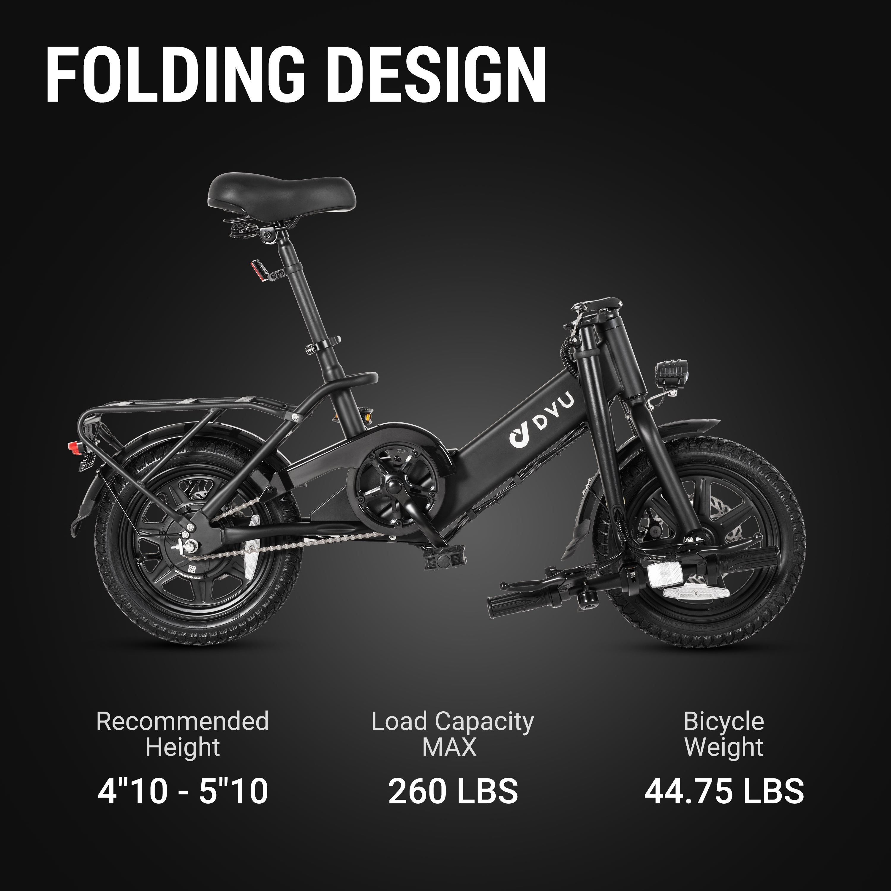 Bicicletta elettrica pieghevole DYU C3 nera, design compatto, capacità max 260 lbs. Bicicletta elettrica pieghevole DYU C3 nera, design compatto, capacità max 260 lbs.