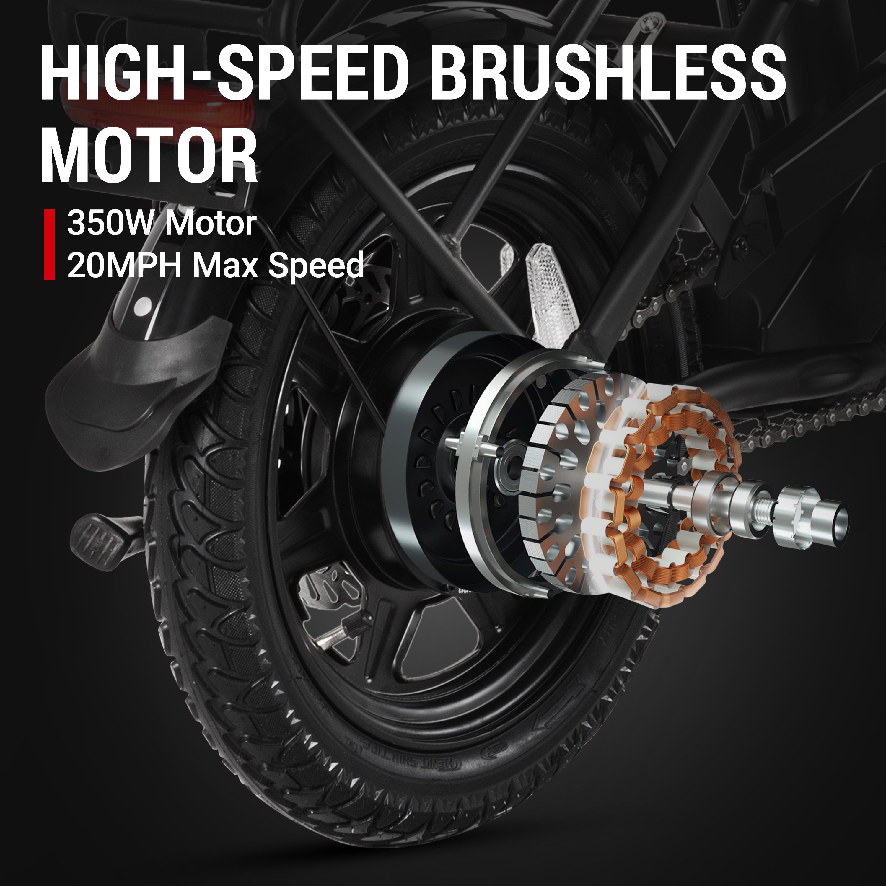Motore senza spazzole da 350W per bicicletta elettrica DYU C3, velocità massima 20MPH. Motore senza spazzole da 350W per bicicletta elettrica DYU C3, velocità massima 20MPH.
