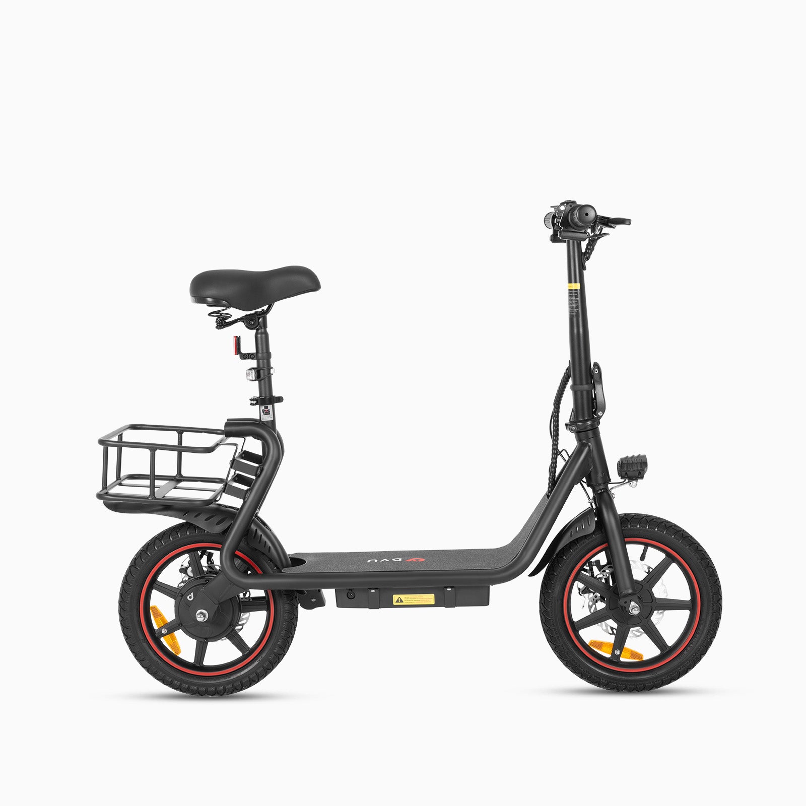 DYU C4 14 inch foldable e-bike in black with rear basket, ideal for commuting DYU C4 14 inch foldable e-bike in black with rear basket, ideal for commuting