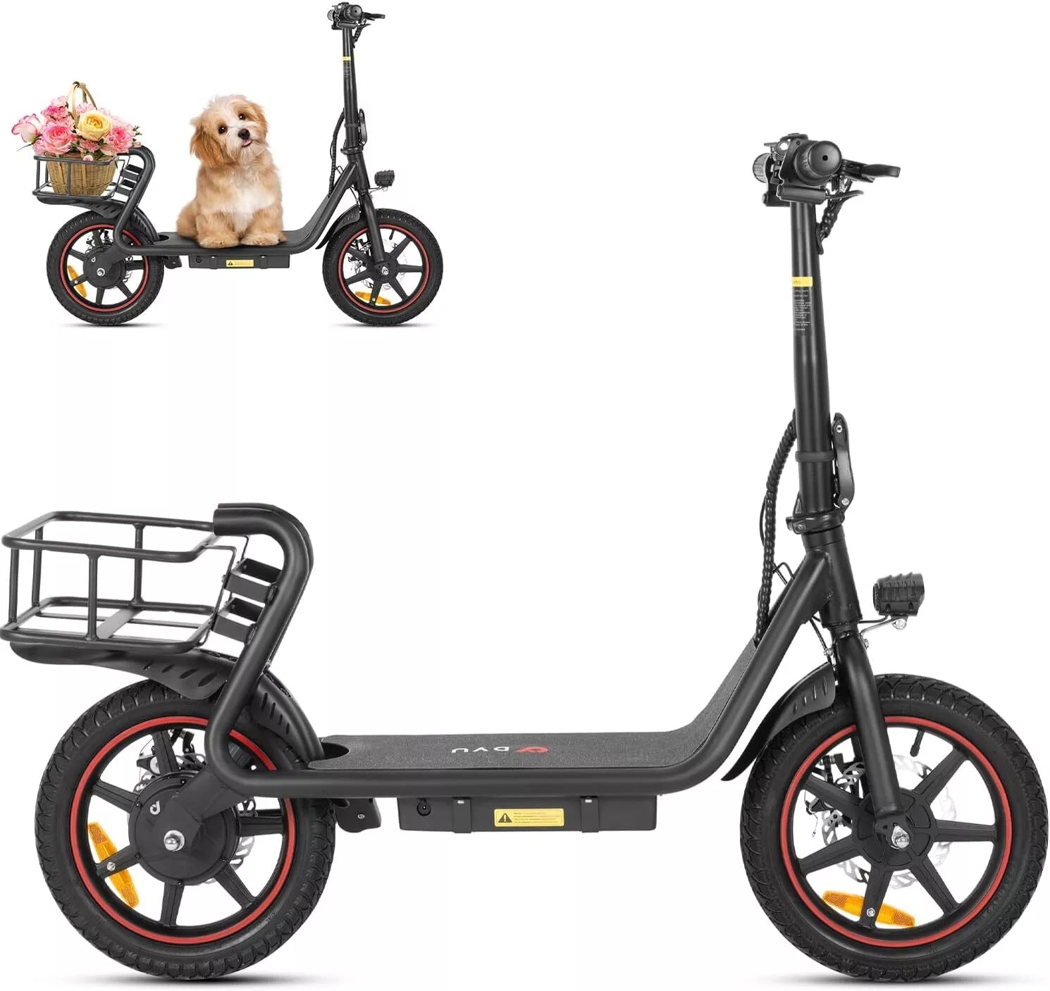 DYU C4 14 inch foldable e-bike in black with dog in front basket DYU C4 14 inch foldable e-bike in black with dog in front basket