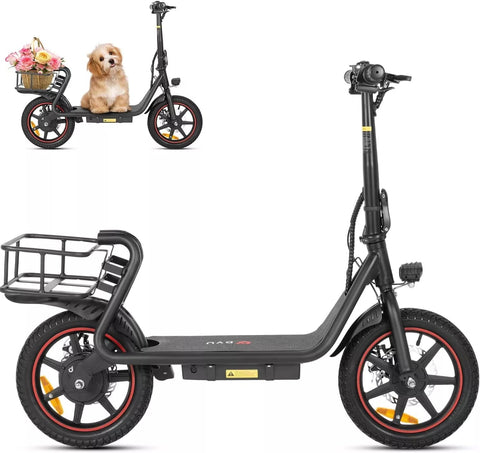DYU C4 14 inch foldable e-bike in black with dog in front basket DYU C4 14 inch foldable e-bike in black with dog in front basket