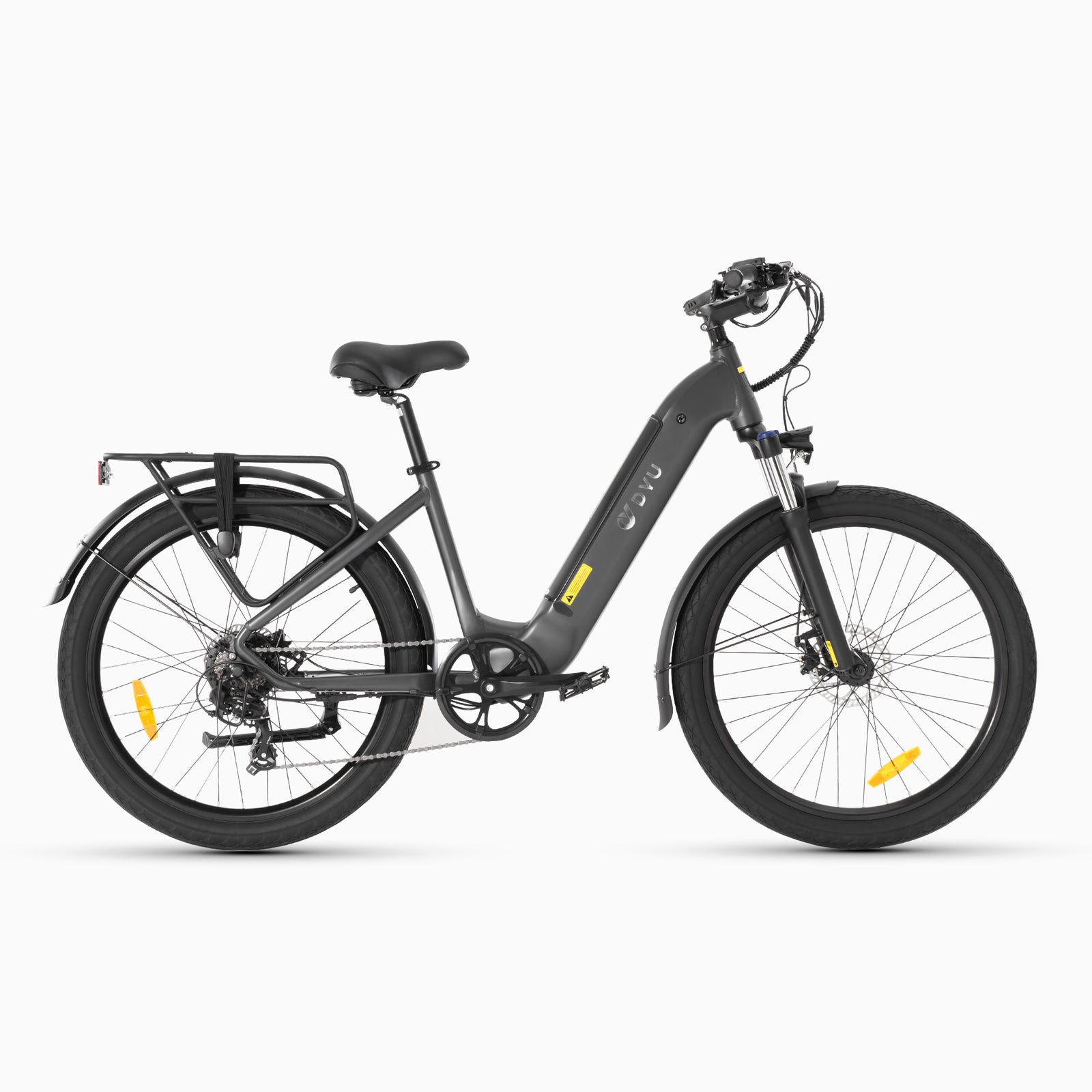 Bicicletta elettrica DYU C1 grigia, ideale per spostamenti urbani e comfort. Bicicletta elettrica DYU C1 grigia, ideale per spostamenti urbani e comfort.
