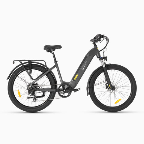 Bicicletta elettrica DYU C1 grigia, ideale per spostamenti urbani e comfort. Bicicletta elettrica DYU C1 grigia, ideale per spostamenti urbani e comfort.