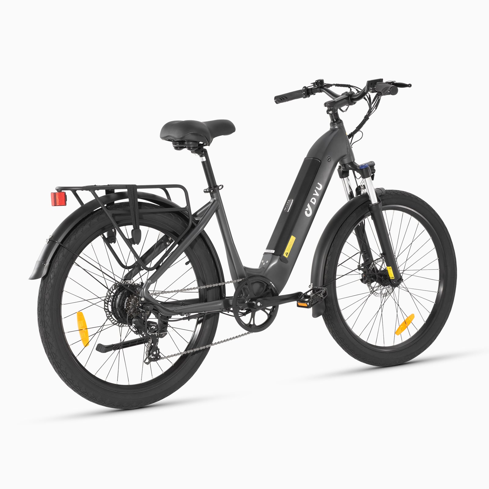 Bicicletta elettrica DYU C1 grigia per spostamenti urbani, comfort e stile. Bicicletta elettrica DYU C1 grigia per spostamenti urbani, comfort e stile.