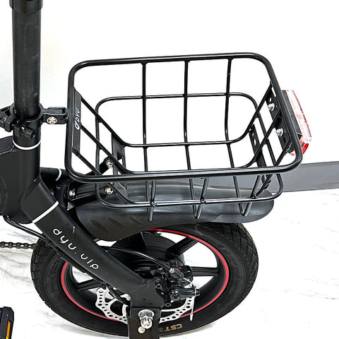 Cesta nera per bici DYU montata su supporto posteriore, robusta e versatile. Cesta nera per bici DYU montata su supporto posteriore, robusta e versatile.