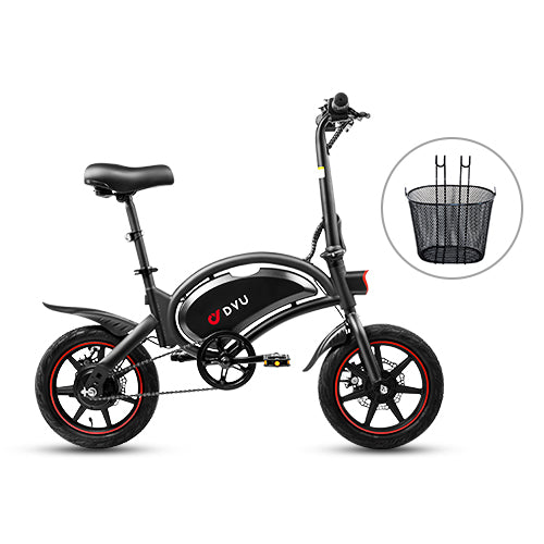 DYU D3F mini folding electric bike in black with red accents and basket attachment DYU D3F mini folding electric bike in black with red accents and basket attachment