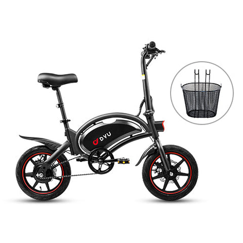 DYU D3F mini folding electric bike in black with red accents and basket attachment DYU D3F mini folding electric bike in black with red accents and basket attachment