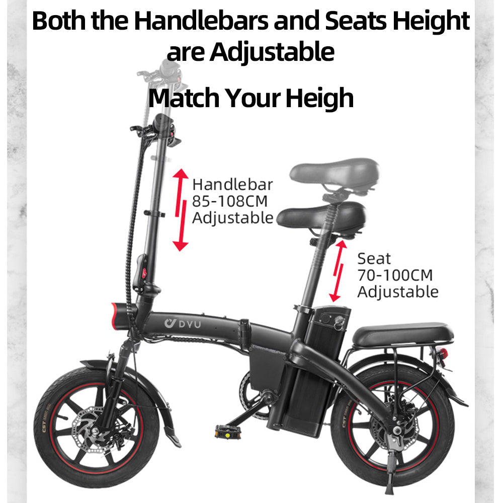 Electric bike DYU A5 with adjustable handlebars and seat for comfortable riding. Electric bike DYU A5 with adjustable handlebars and seat for comfortable riding.