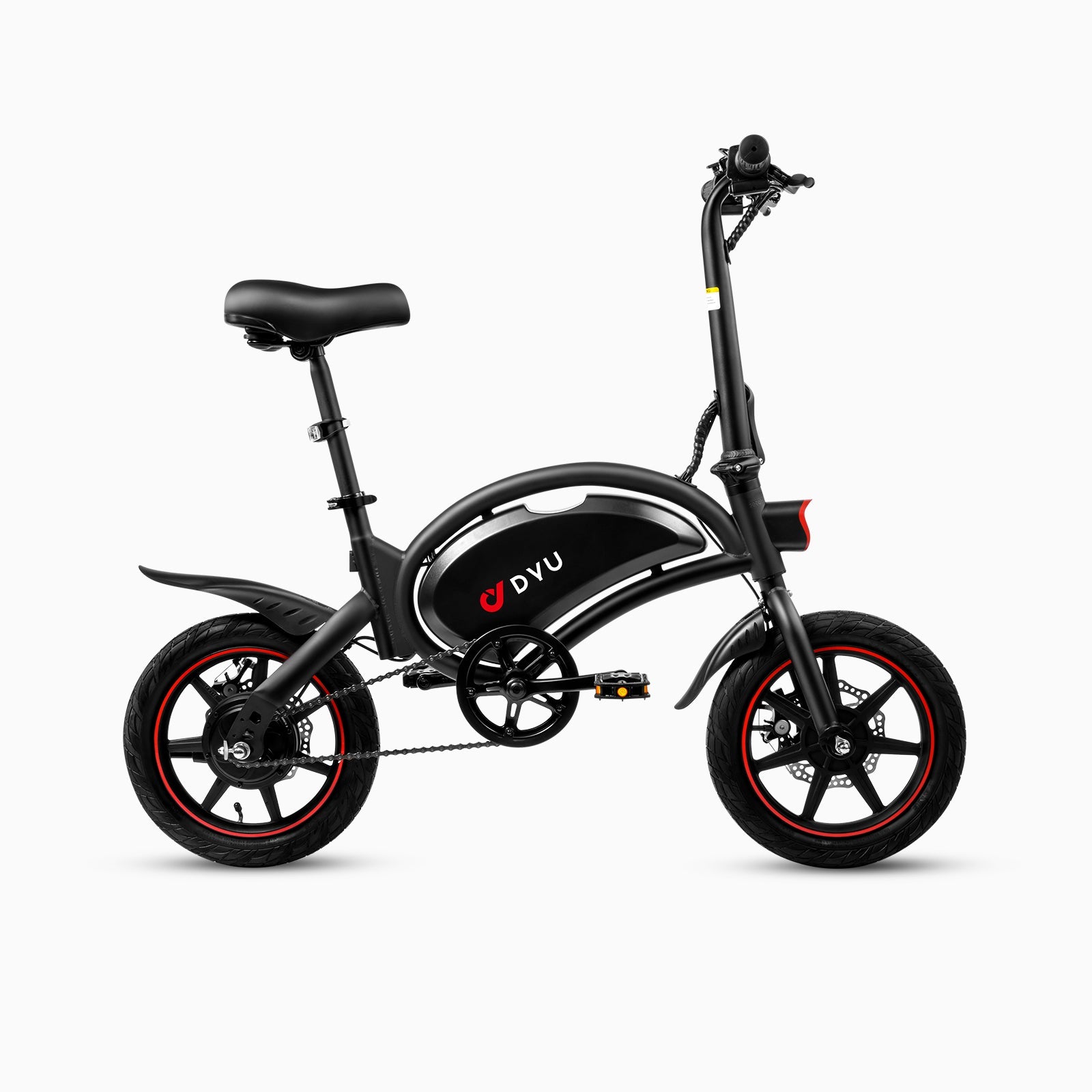 Sleek black DYU D3F mini folding electric bike with red wheel details Sleek black DYU D3F mini folding electric bike with red wheel details