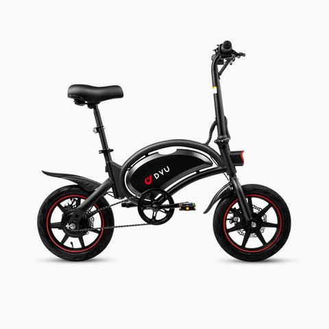 Sleek black DYU D3F mini folding electric bike with red wheel details Sleek black DYU D3F mini folding electric bike with red wheel details