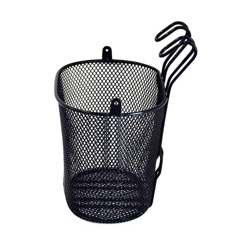 Cesto frontale in metallo nero per biciclette con manico pieghevole Cesto frontale in metallo nero per biciclette con manico pieghevole