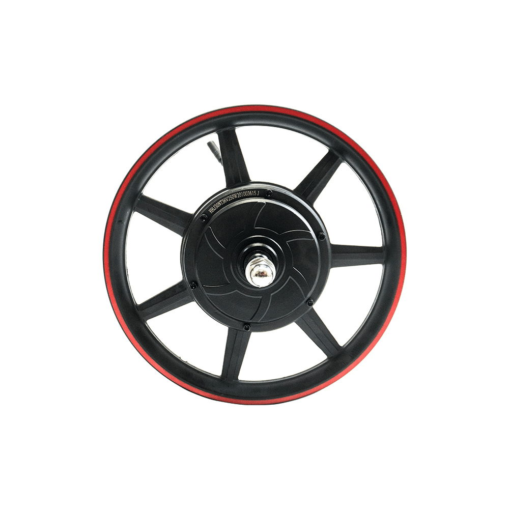Ruota DYU elettrica con design sportivo e pneumatico distintivo rosso. Ruota DYU elettrica con design sportivo e pneumatico distintivo rosso.