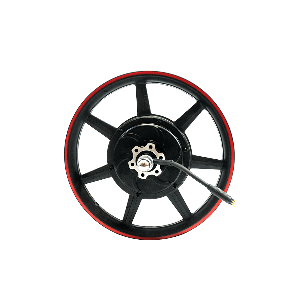 Ruota elettrica per bici DYU con pneumatico rosso. Ruota elettrica per bici DYU con pneumatico rosso.
