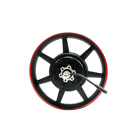 Ruota elettrica per bici DYU con pneumatico rosso. Ruota elettrica per bici DYU con pneumatico rosso.