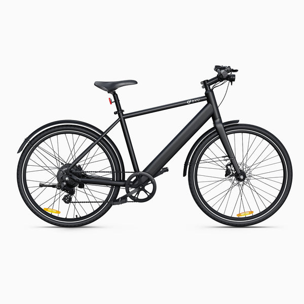 Bicicletta elettrica DYU Stroll 1 700C nera opaca con telaio elegante e design moderno.