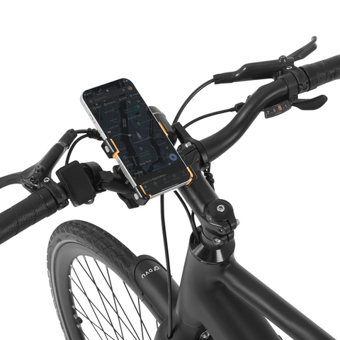 Supporto smartphone robusto DYU per bici con smartphone che visualizza una mappa