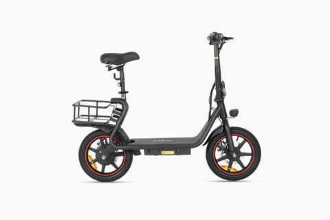 DYU C4 e-bike nera pieghevole con sella e cestino, ottima per il trasporto urbano.