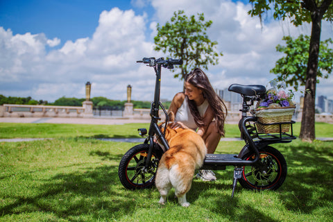 Donna che interagisce con un cane vicino alla DYU C4 e-bike pieghevole con cestino.