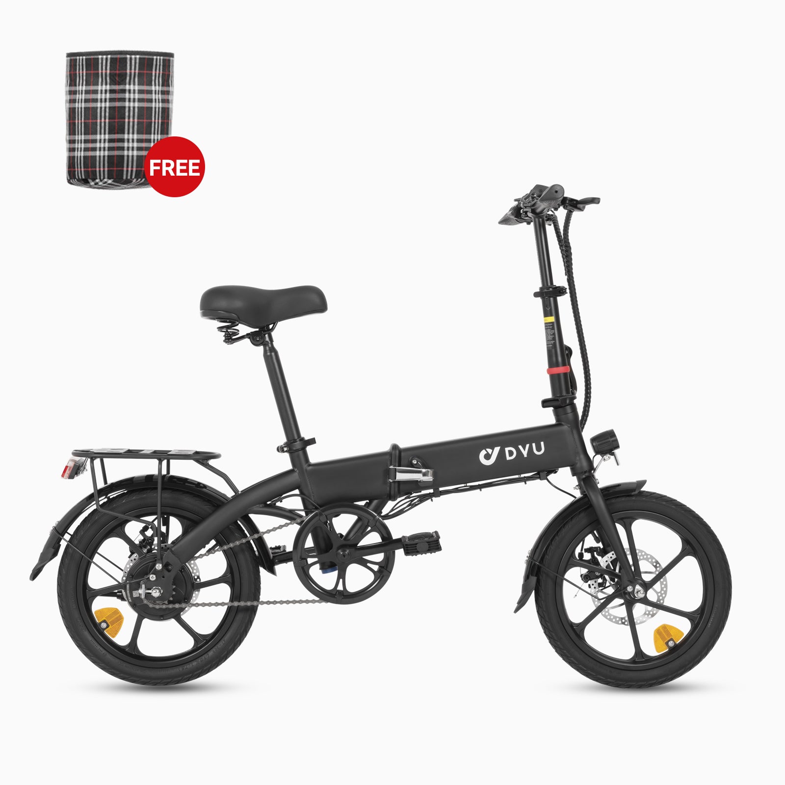 Bici elettrica DYU A1F nera pieghevole con cestino, sconto €200 incluso.