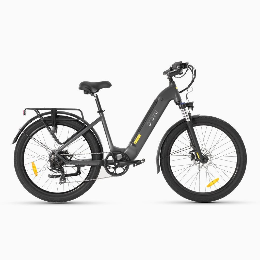 Bicicletta elettrica DYU C1 grigia, ideale per spostamenti urbani e comfort.