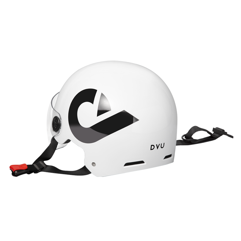 Casco da bici bianco con logo DYU e design protettivo per ciclisti.